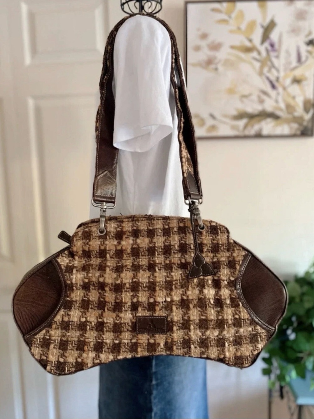 DEBORAH LEWIS Vintage Brown Leather Tweed Vaulted Shape Large Shoulder Handbag